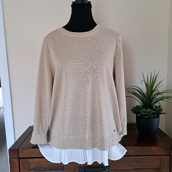 Calvin Klein Sweater 3/4 Sleeve Gold Metallic Size Large Cream Layered Blouse - Picture 1 of 14